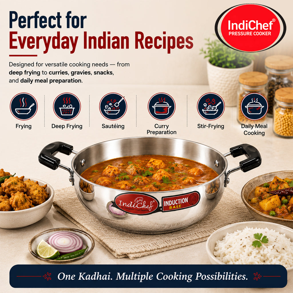 IndiChef Aluminium induction friendly Kadhai with Lid | Heavy Bottom Heavy Weight Kadai for Deep Frying & Cooking | Multipurpose Silver Cookware | Non Toxic Aluminium |