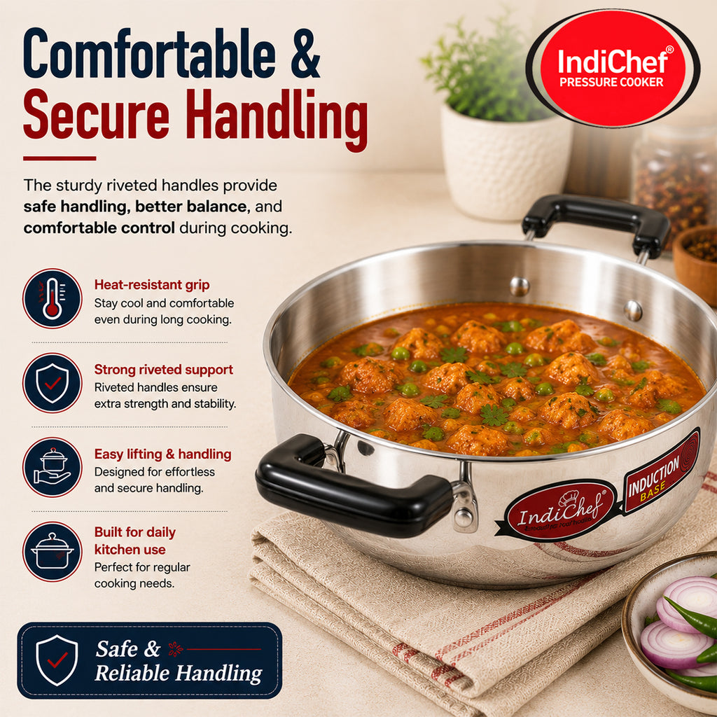 IndiChef Aluminium induction friendly Kadhai with Lid | Heavy Bottom Heavy Weight Kadai for Deep Frying & Cooking | Multipurpose Silver Cookware | Non Toxic Aluminium |