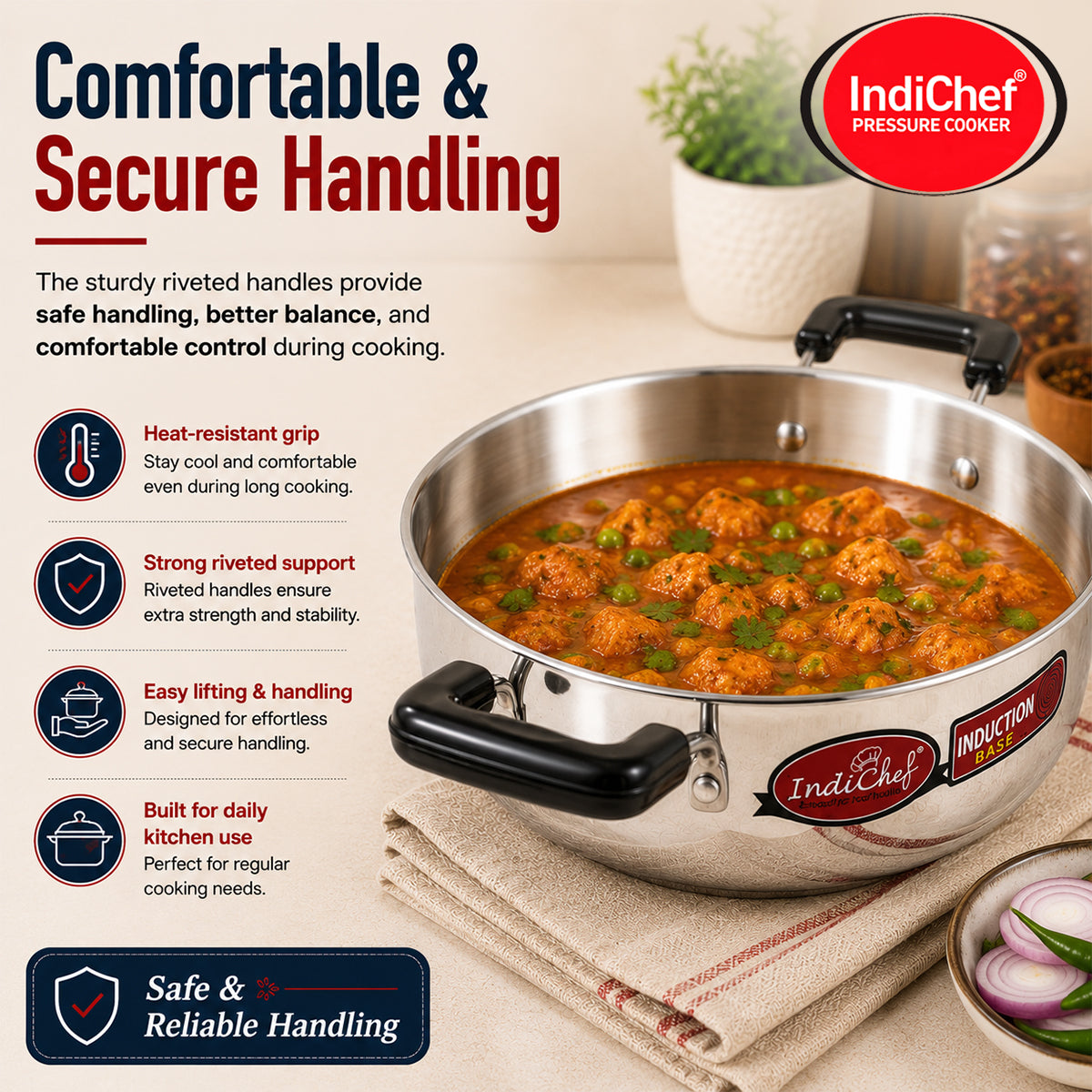 IndiChef Aluminium induction friendly Kadhai with Lid | Heavy Bottom Heavy Weight Kadai for Deep Frying & Cooking | Multipurpose Silver Cookware | Non Toxic Aluminium |