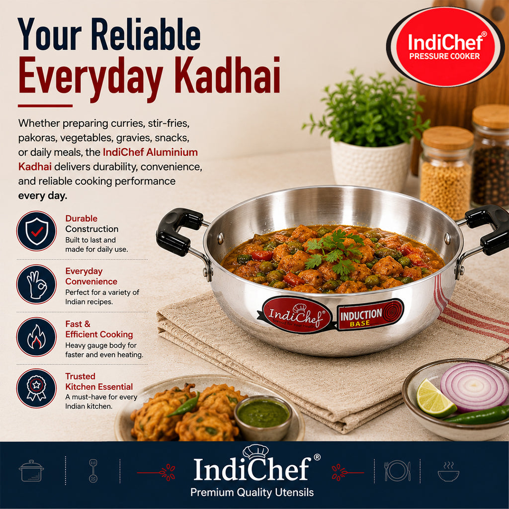 IndiChef Aluminium induction friendly Kadhai with Lid | Heavy Bottom Heavy Weight Kadai for Deep Frying & Cooking | Multipurpose Silver Cookware | Non Toxic Aluminium |