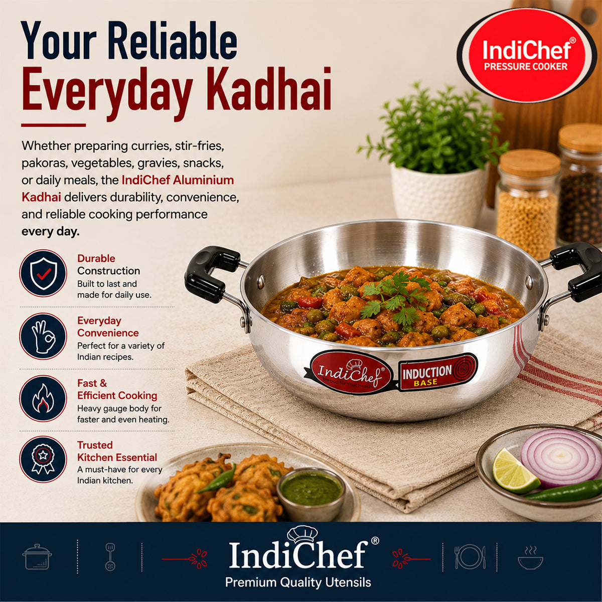 IndiChef Aluminium induction friendly Kadhai with Lid | Heavy Bottom Heavy Weight Kadai for Deep Frying & Cooking | Multipurpose Silver Cookware | Non Toxic Aluminium |