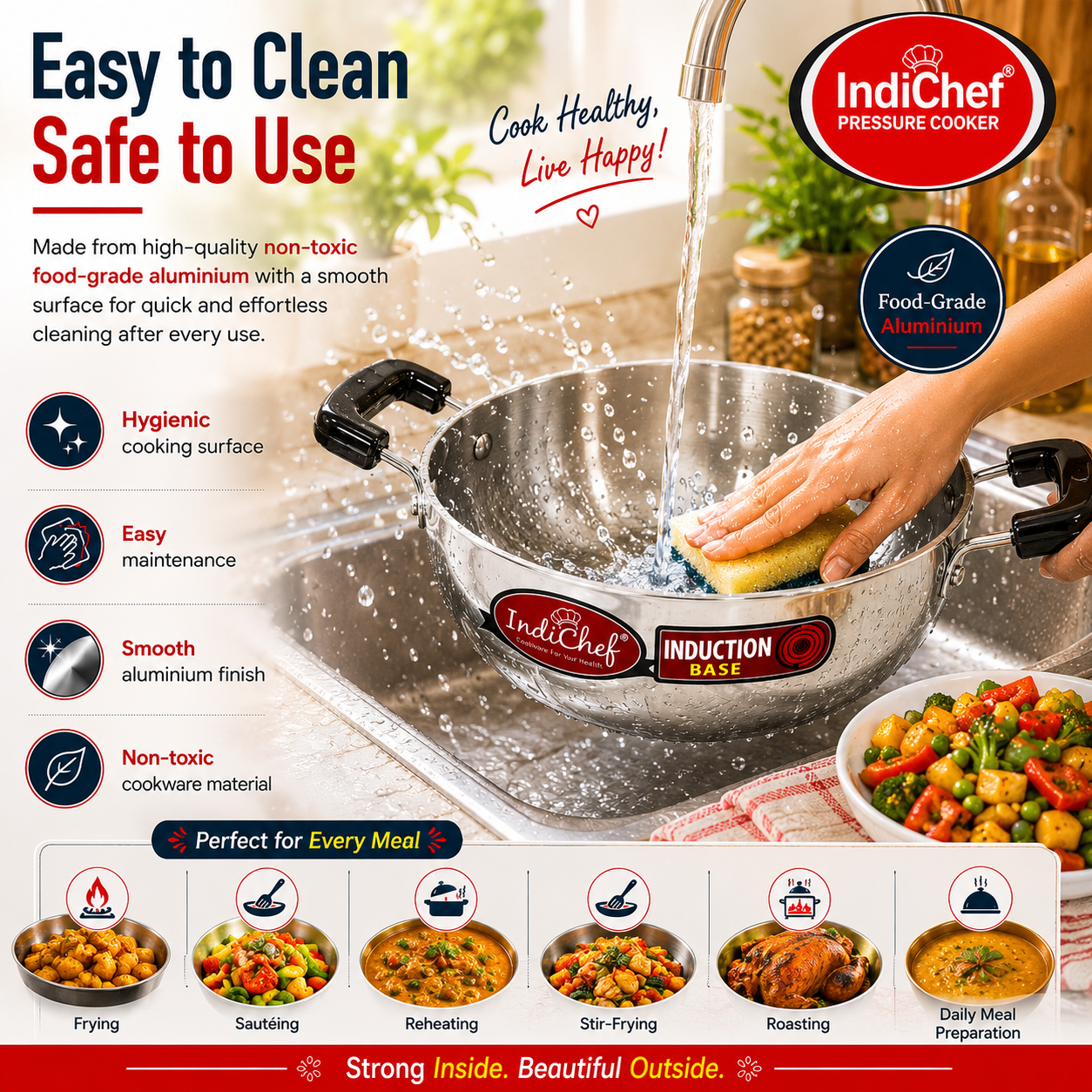IndiChef Aluminium induction friendly Kadhai with Lid | Heavy Bottom Heavy Weight Kadai for Deep Frying & Cooking | Multipurpose Silver Cookware | Non Toxic Aluminium |