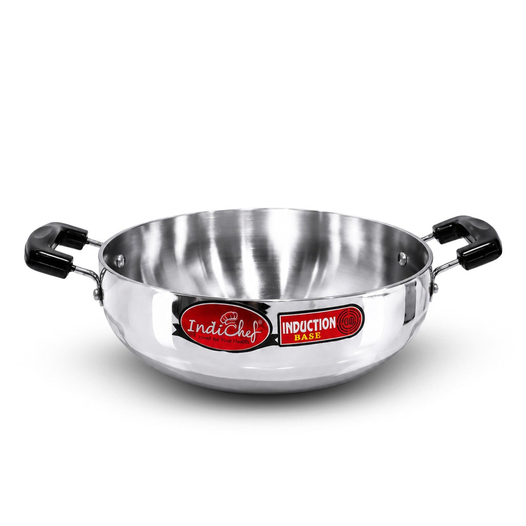 IndiChef Aluminium induction friendly Kadhai with Lid | Heavy Bottom Heavy Weight Kadai for Deep Frying & Cooking | Multipurpose Silver Cookware | Non Toxic Aluminium |
