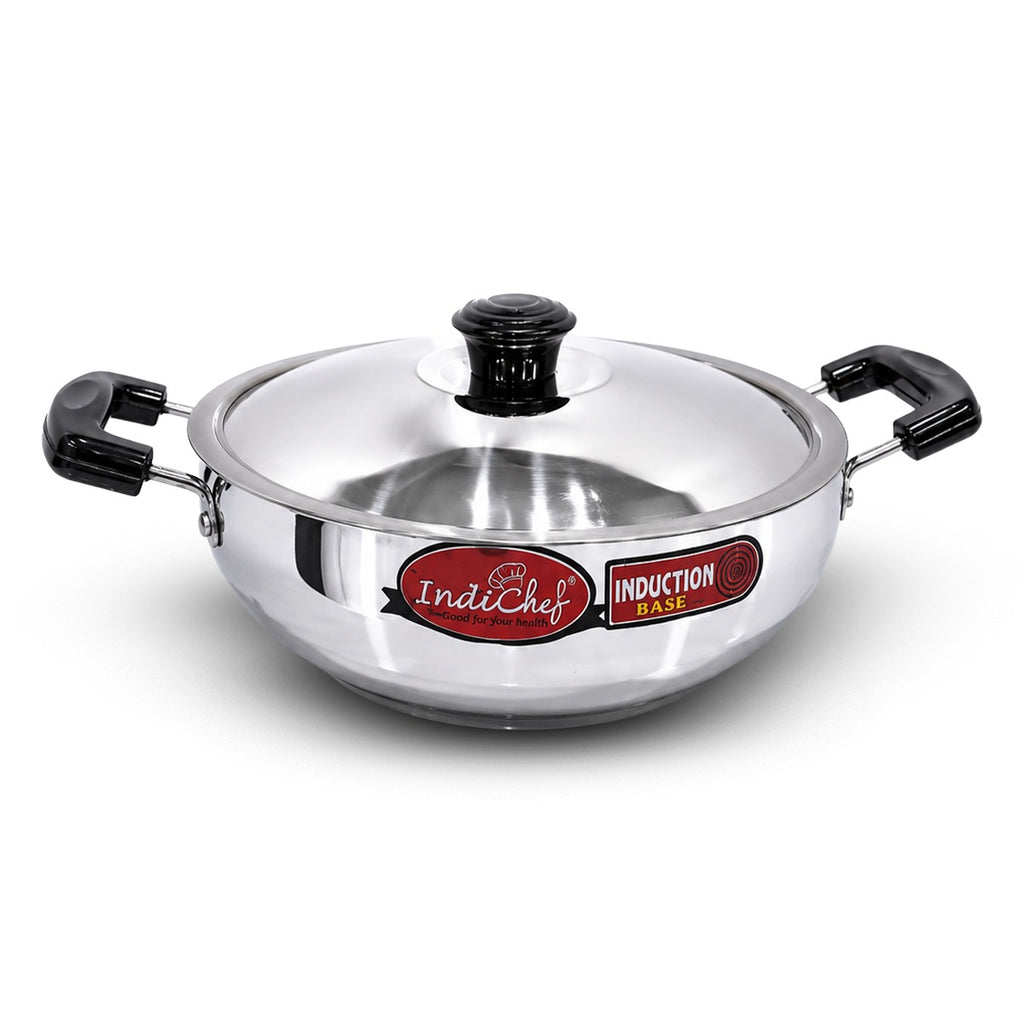IndiChef Aluminium induction friendly Kadhai with Lid | Heavy Bottom Heavy Weight Kadai for Deep Frying & Cooking | Multipurpose Silver Cookware | Non Toxic Aluminium |