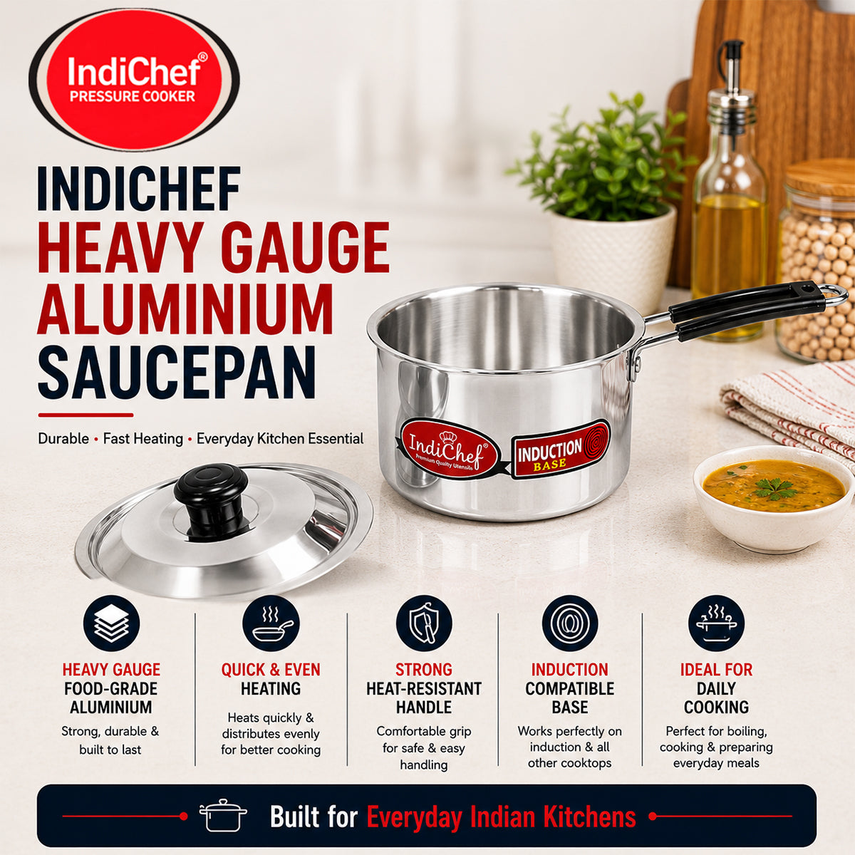 IndiChef Aluminium Induction friendly saucepan Tea Pan Milk Pan with Lid | Heavy Bottom Saucepan for Tea, Milk & Water | Heavy Weight Multipurpose Silver Cookware | Non Toxic
