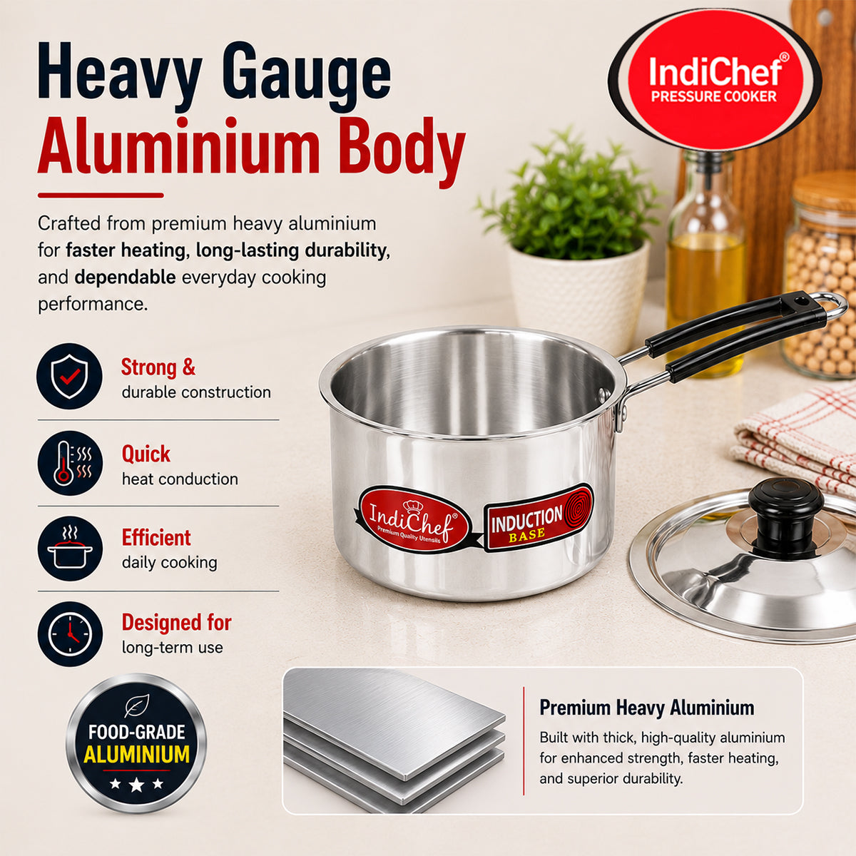 IndiChef Aluminium Induction friendly saucepan Tea Pan Milk Pan with Lid | Heavy Bottom Saucepan for Tea, Milk & Water | Heavy Weight Multipurpose Silver Cookware | Non Toxic
