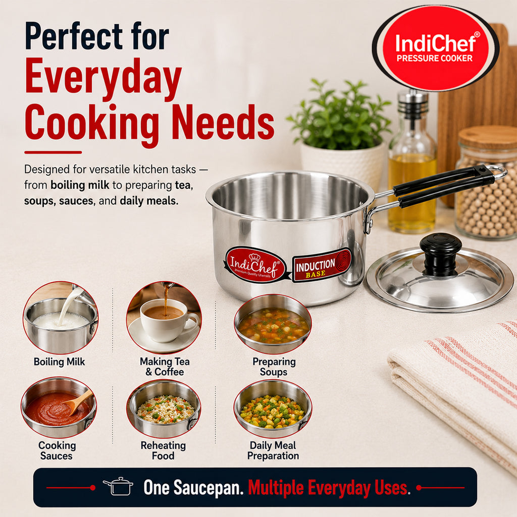 IndiChef Aluminium Induction friendly saucepan Tea Pan Milk Pan with Lid | Heavy Bottom Saucepan for Tea, Milk & Water | Heavy Weight Multipurpose Silver Cookware | Non Toxic