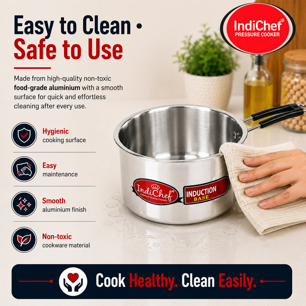IndiChef Aluminium Induction friendly saucepan Tea Pan Milk Pan with Lid | Heavy Bottom Saucepan for Tea, Milk & Water | Heavy Weight Multipurpose Silver Cookware | Non Toxic