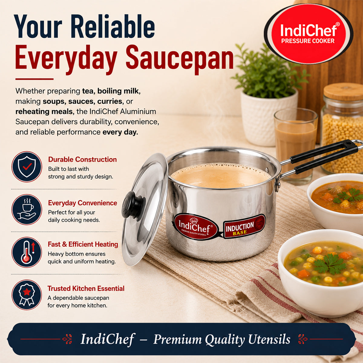 IndiChef Aluminium Induction friendly saucepan Tea Pan Milk Pan with Lid | Heavy Bottom Saucepan for Tea, Milk & Water | Heavy Weight Multipurpose Silver Cookware | Non Toxic