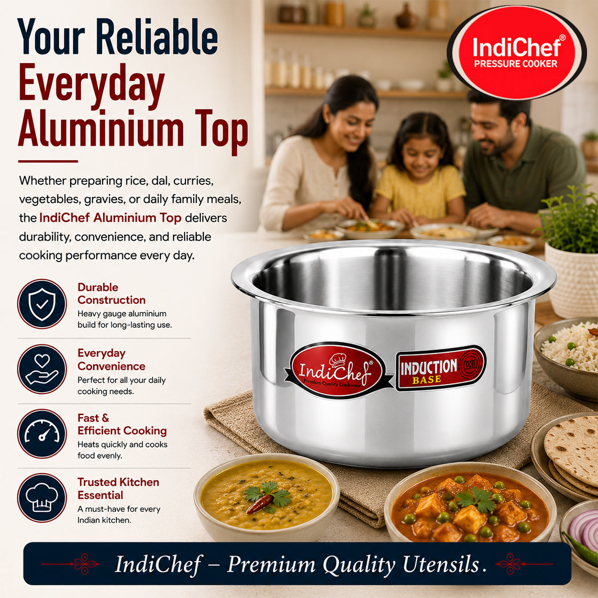 IndiChef Aluminium Induction friendly Top in heavy weight | Premium Silver Pan/Tea Pan/Water Pot Cookware for Multipurpose Uses | Non Toxic, Heavy-Bottom