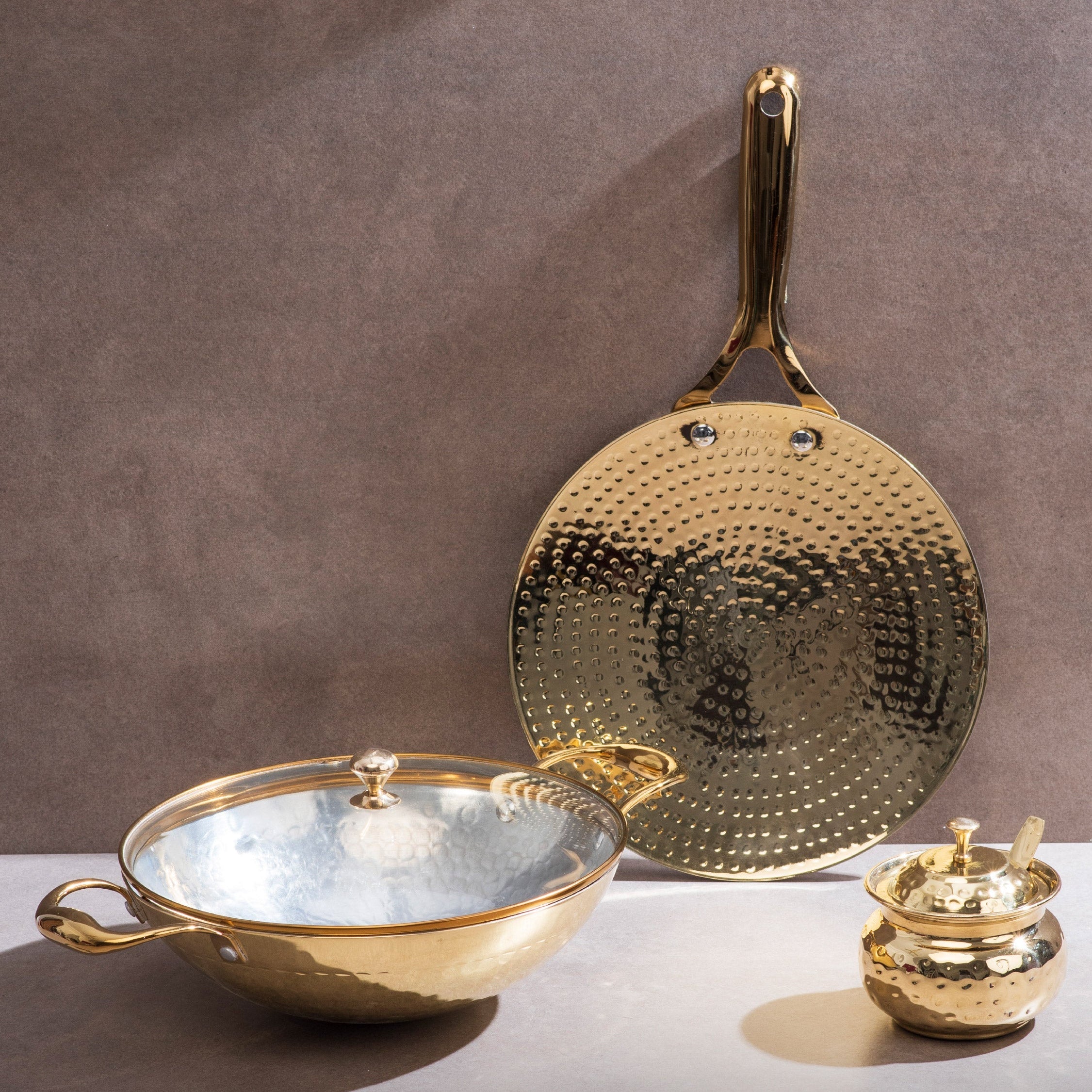 Brass Essentials Combo Set (Brass Roti Tawa with Insulated handle, Brass Ghee Pot, Brass Kadhai with Insulated handles & Glass lid)