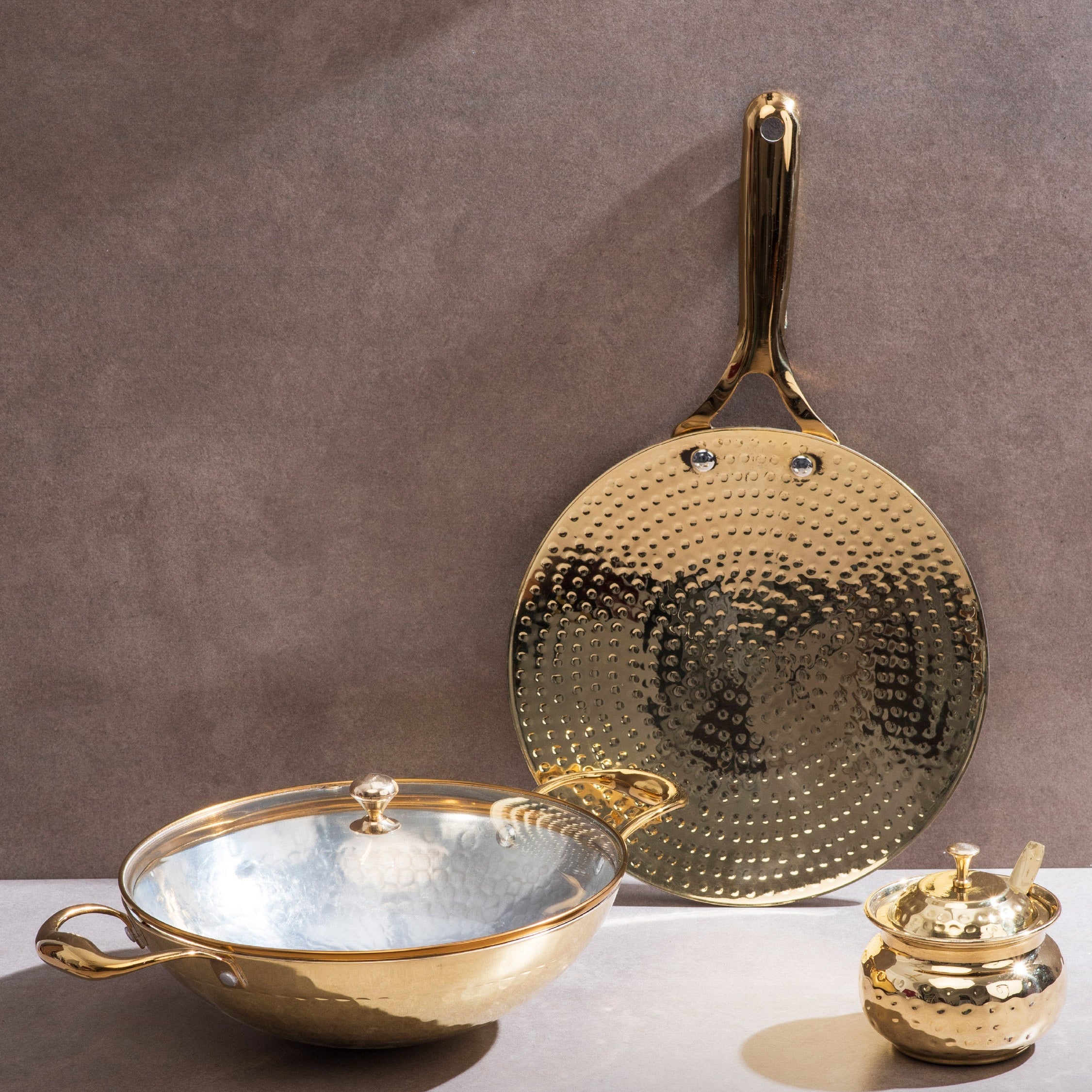 Brass Essentials Combo Set (Brass Roti Tawa with Insulated handle, Brass Ghee Pot, Brass Kadhai with Insulated handles & Glass lid)