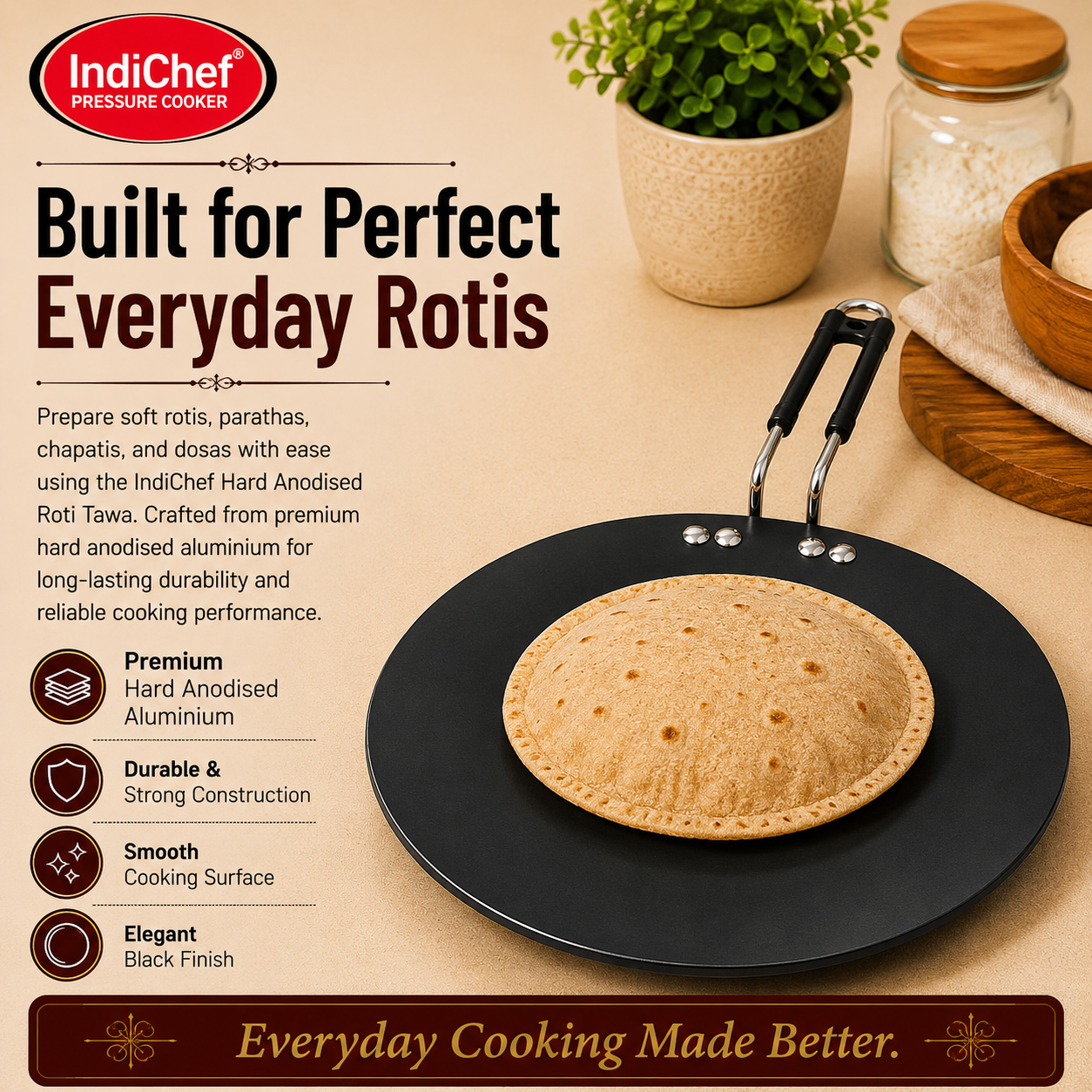 IndiChef Hard Anodised Roti Tawa | Gas Stove & Induction Friendly |Metal Spoon Safe, Riveted Handle, Healthy Cooking, less Oil Use, Easy to Clean