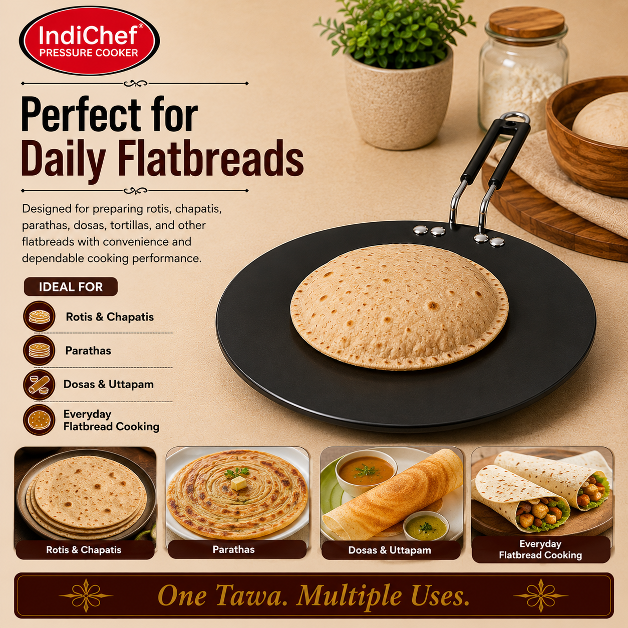 IndiChef Hard Anodised Roti Tawa | Gas Stove & Induction Friendly |Metal Spoon Safe, Riveted Handle, Healthy Cooking, less Oil Use, Easy to Clean