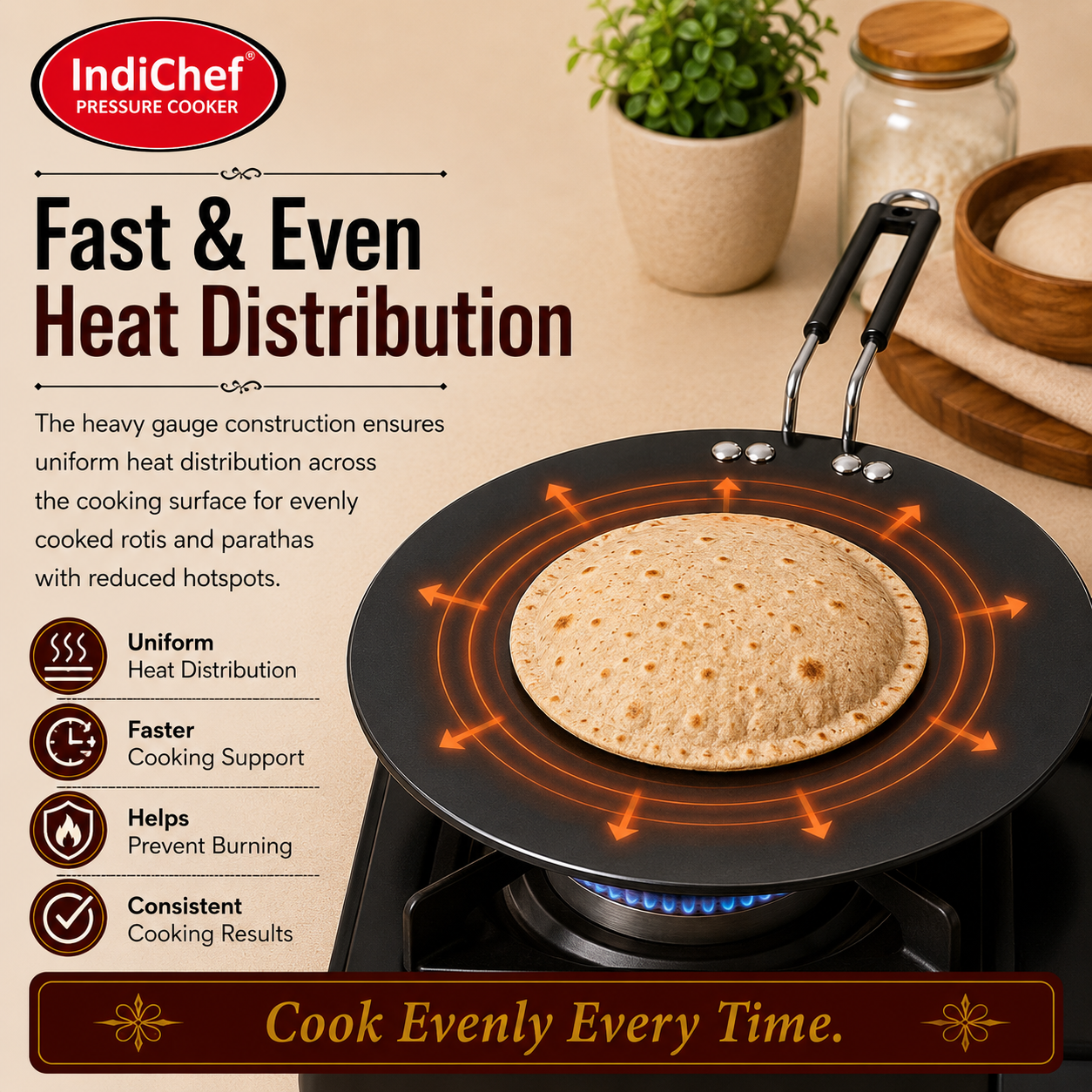 IndiChef Hard Anodised Roti Tawa | Gas Stove & Induction Friendly |Metal Spoon Safe, Riveted Handle, Healthy Cooking, less Oil Use, Easy to Clean