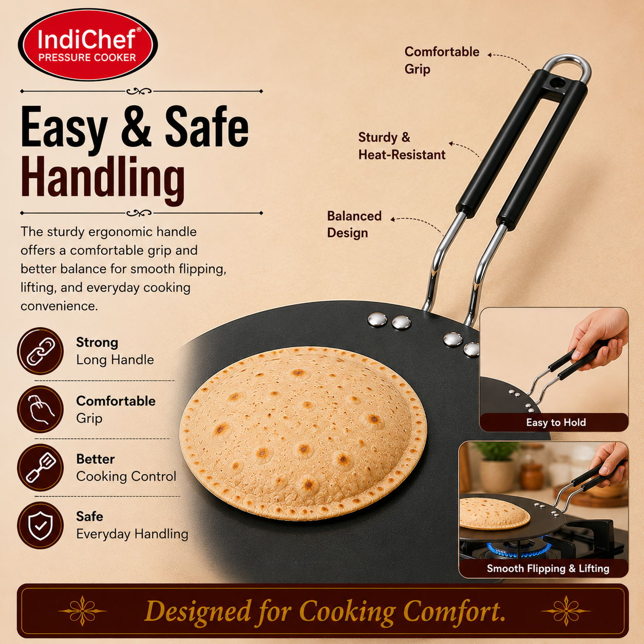 IndiChef Hard Anodised Roti Tawa | Gas Stove & Induction Friendly |Metal Spoon Safe, Riveted Handle, Healthy Cooking, less Oil Use, Easy to Clean