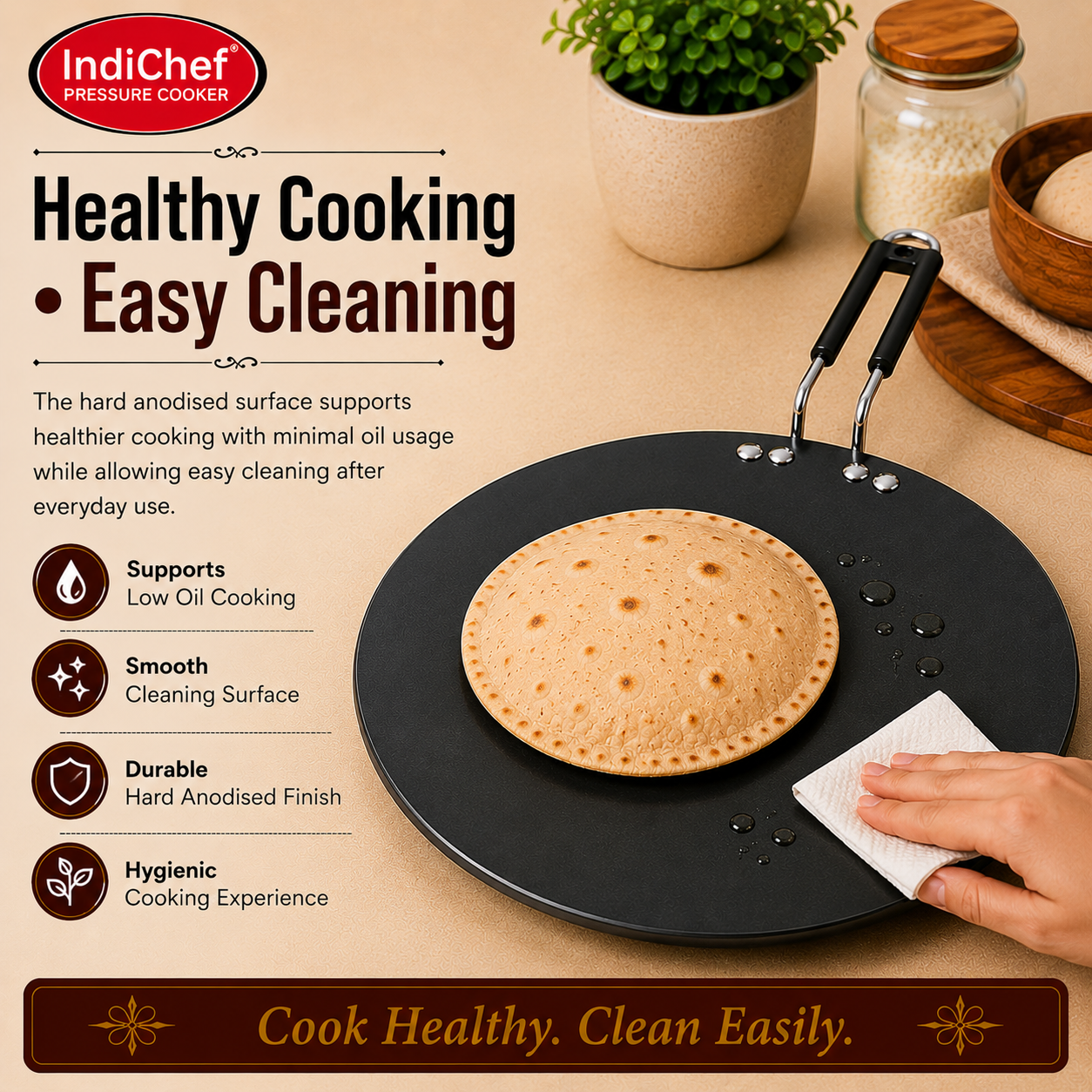 IndiChef Hard Anodised Roti Tawa | Gas Stove & Induction Friendly |Metal Spoon Safe, Riveted Handle, Healthy Cooking, less Oil Use, Easy to Clean