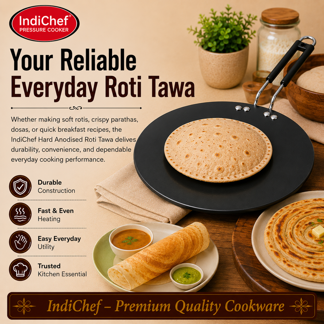 IndiChef Hard Anodised Roti Tawa | Gas Stove & Induction Friendly |Metal Spoon Safe, Riveted Handle, Healthy Cooking, less Oil Use, Easy to Clean