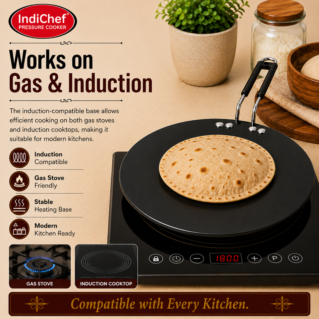IndiChef Hard Anodised Roti Tawa | Gas Stove & Induction Friendly |Metal Spoon Safe, Riveted Handle, Healthy Cooking, less Oil Use, Easy to Clean