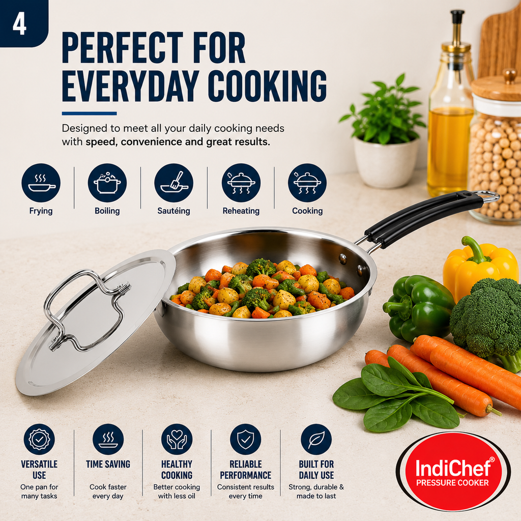 IndiChef Stainless Steel Induction friendly Fry Pan with Lid | Heavy Gauge Steel Frypan | Gas Stove & Induction Friendly | Heavy Bottom Cookware |
