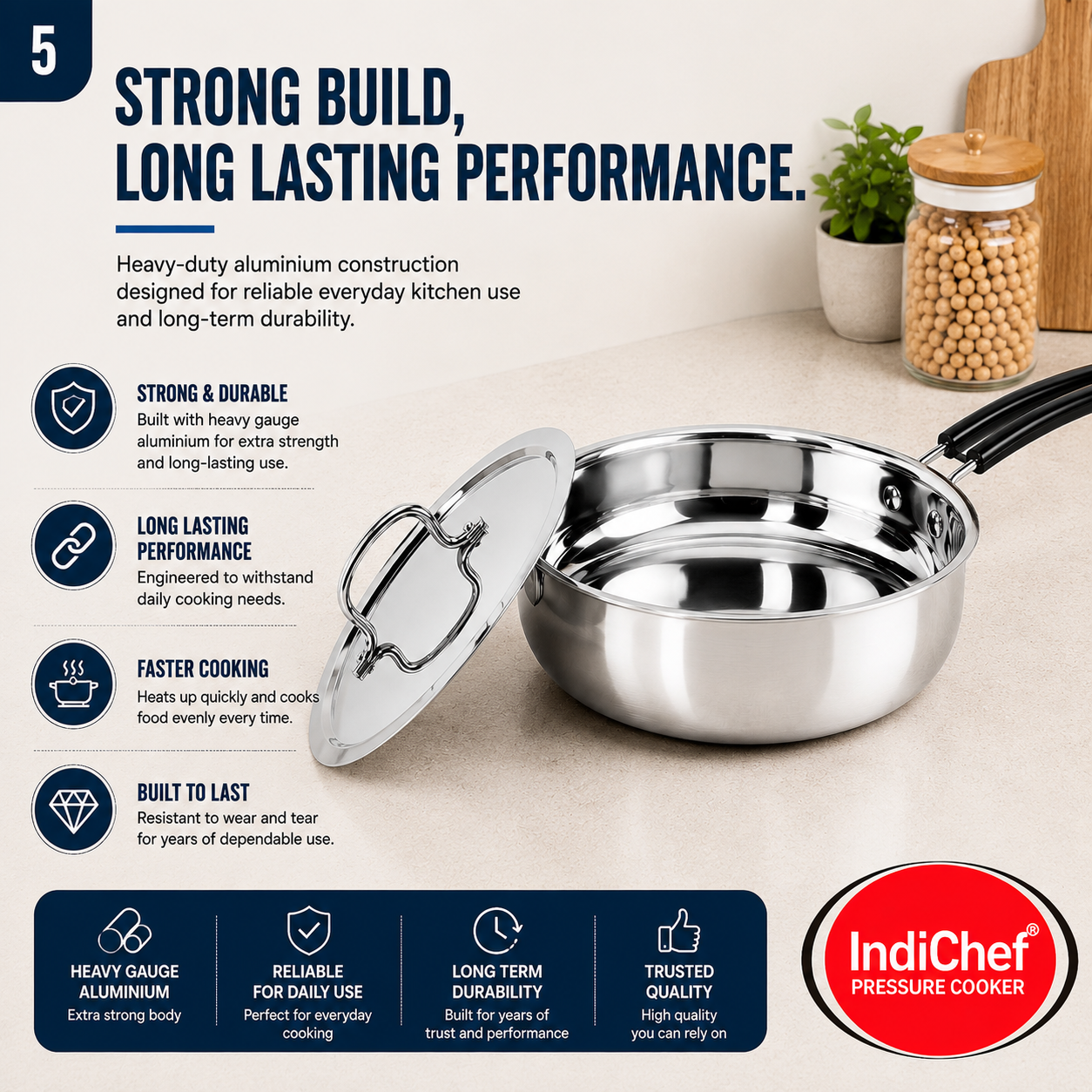 IndiChef Stainless Steel Induction friendly Fry Pan with Lid | Heavy Gauge Steel Frypan | Gas Stove & Induction Friendly | Heavy Bottom Cookware |