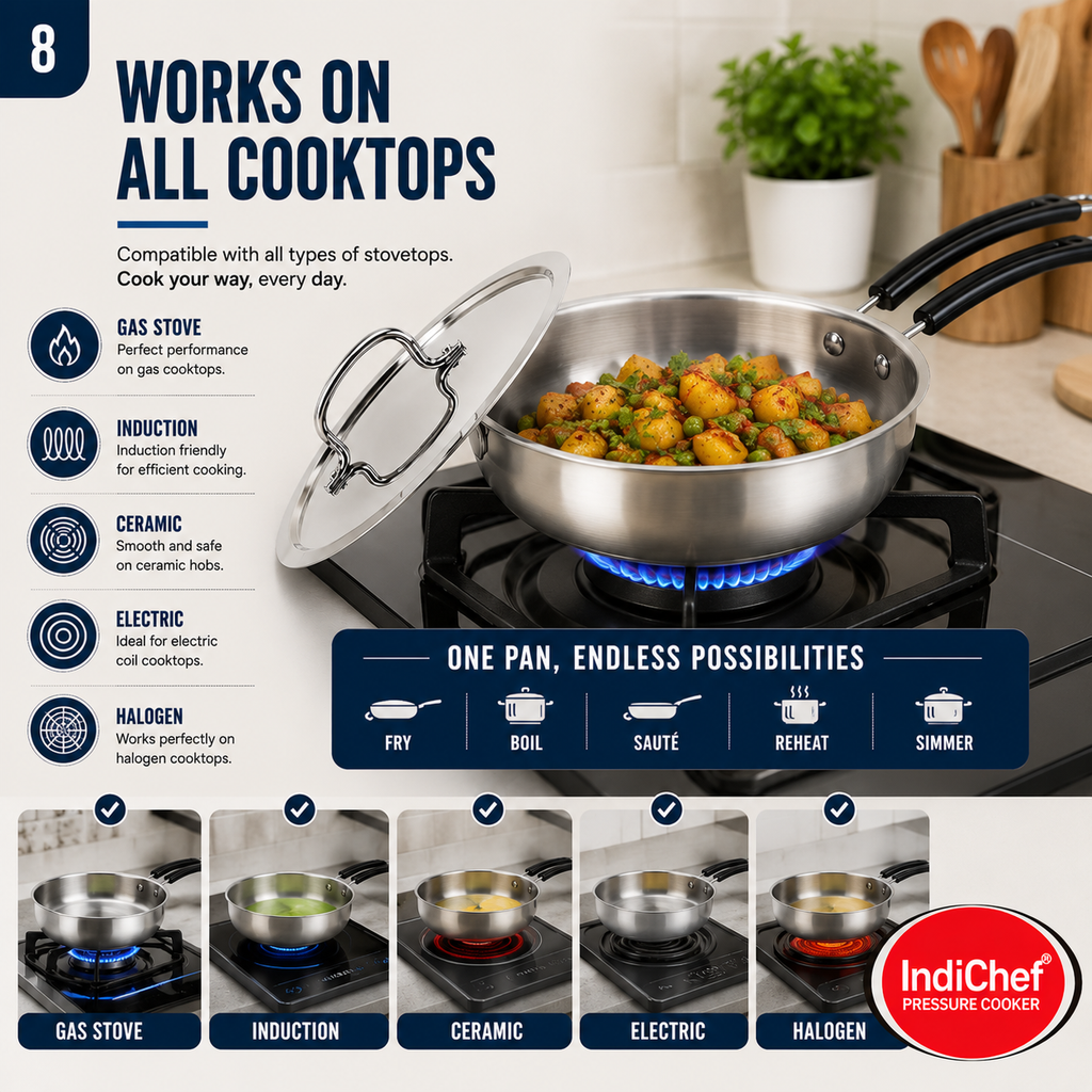 IndiChef Stainless Steel Induction friendly Fry Pan with Lid | Heavy Gauge Steel Frypan | Gas Stove & Induction Friendly | Heavy Bottom Cookware |