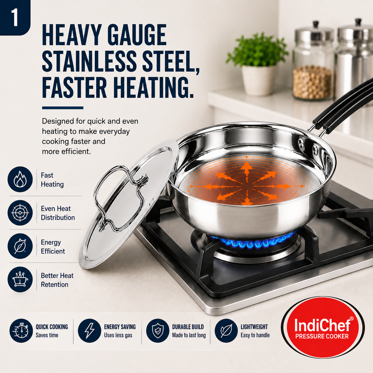 IndiChef Stainless Steel Induction friendly Fry Pan with Lid | Heavy Gauge Steel Frypan | Gas Stove & Induction Friendly | Heavy Bottom Cookware |