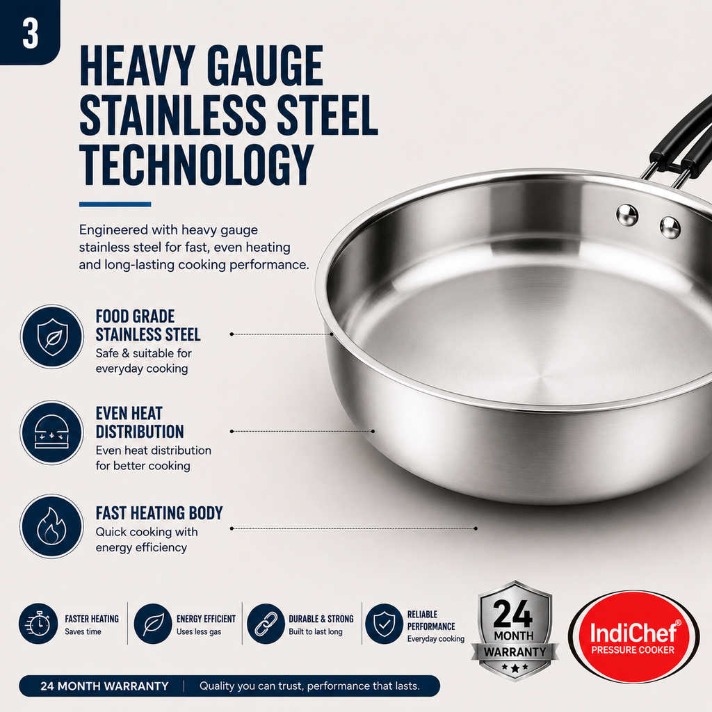 IndiChef Stainless Steel Induction friendly Fry Pan with Lid | Heavy Gauge Steel Frypan | Gas Stove & Induction Friendly | Heavy Bottom Cookware |