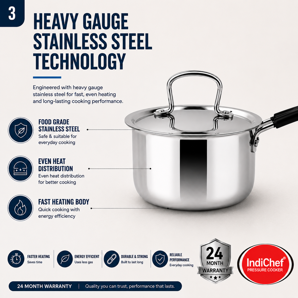 IndiChef Stainless Steel Saucepan with Lid | Heavy Gauge Tea Pan & Milk Pan | Gas Stove & Induction Friendly | Heavy Bottom Steel Cookware