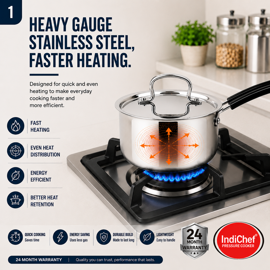 IndiChef Stainless Steel Saucepan with Lid | Heavy Gauge Tea Pan & Milk Pan | Gas Stove & Induction Friendly | Heavy Bottom Steel Cookware