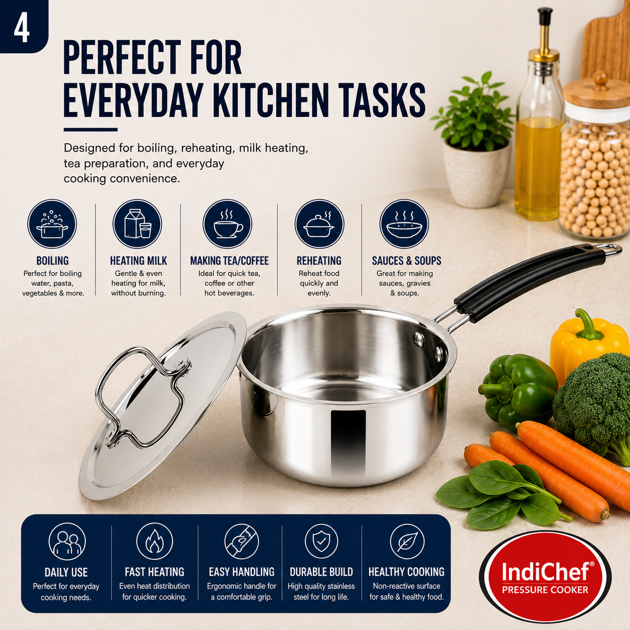 IndiChef Stainless Steel Saucepan with Lid | Heavy Gauge Tea Pan & Milk Pan | Gas Stove & Induction Friendly | Heavy Bottom Steel Cookware