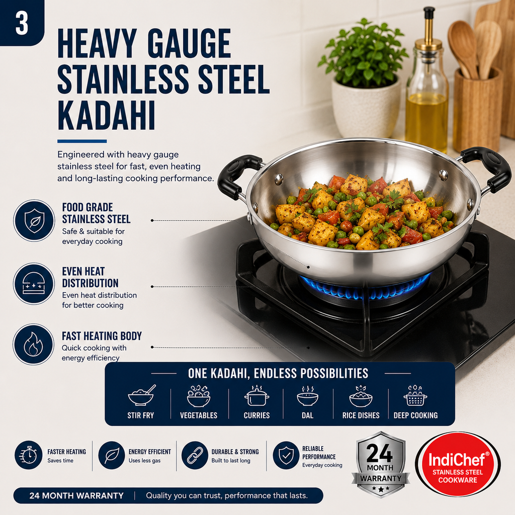 IndiChef Stainless Steel Induction friendly Kadahi with Lid | Heavy Gauge Steel Kadahi | Gas Stove & Induction Friendly | Heavy Bottom Cookware |