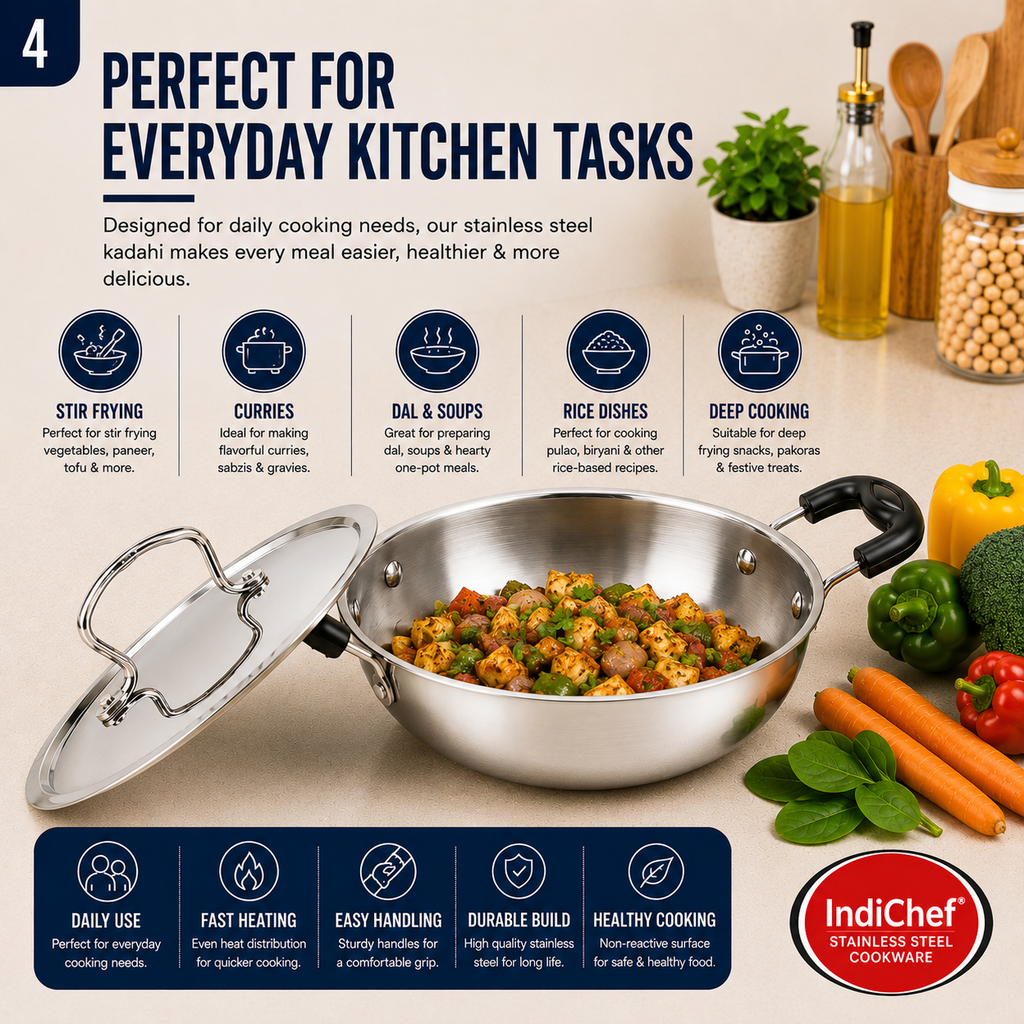 IndiChef Stainless Steel Induction friendly Kadahi with Lid | Heavy Gauge Steel Kadahi | Gas Stove & Induction Friendly | Heavy Bottom Cookware |