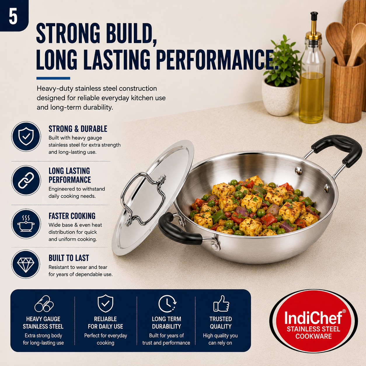 IndiChef Stainless Steel Induction friendly Kadahi with Lid | Heavy Gauge Steel Kadahi | Gas Stove & Induction Friendly | Heavy Bottom Cookware |