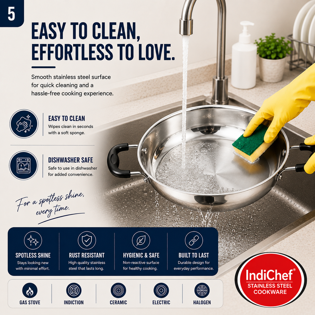 IndiChef Stainless Steel Induction friendly Kadahi with Lid | Heavy Gauge Steel Kadahi | Gas Stove & Induction Friendly | Heavy Bottom Cookware |