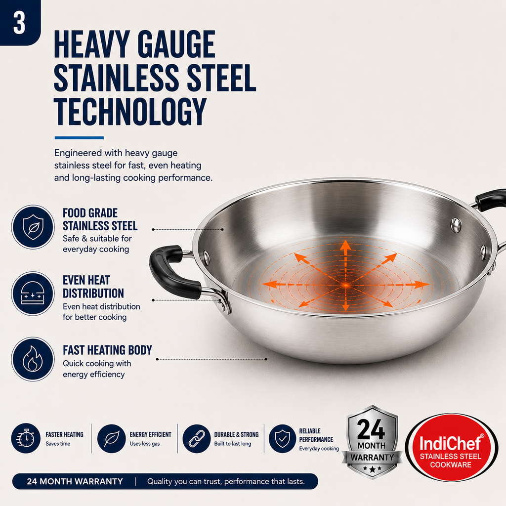 IndiChef Stainless Steel Induction friendly Kadahi with Lid | Heavy Gauge Steel Kadahi | Gas Stove & Induction Friendly | Heavy Bottom Cookware |