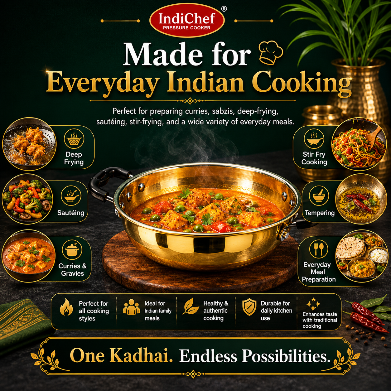 IndiChef Brass Kadahi in heavy weight | Gas Stove & Induction Friendly | Insulated Heat-Resistant Handle | Pure Pital/Brass Tea Pan| Chemical-Free