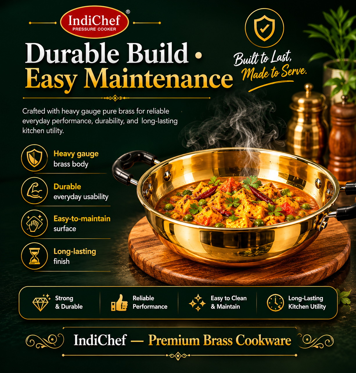 IndiChef Brass Kadahi in heavy weight | Gas Stove & Induction Friendly | Insulated Heat-Resistant Handle | Pure Pital/Brass Tea Pan| Chemical-Free