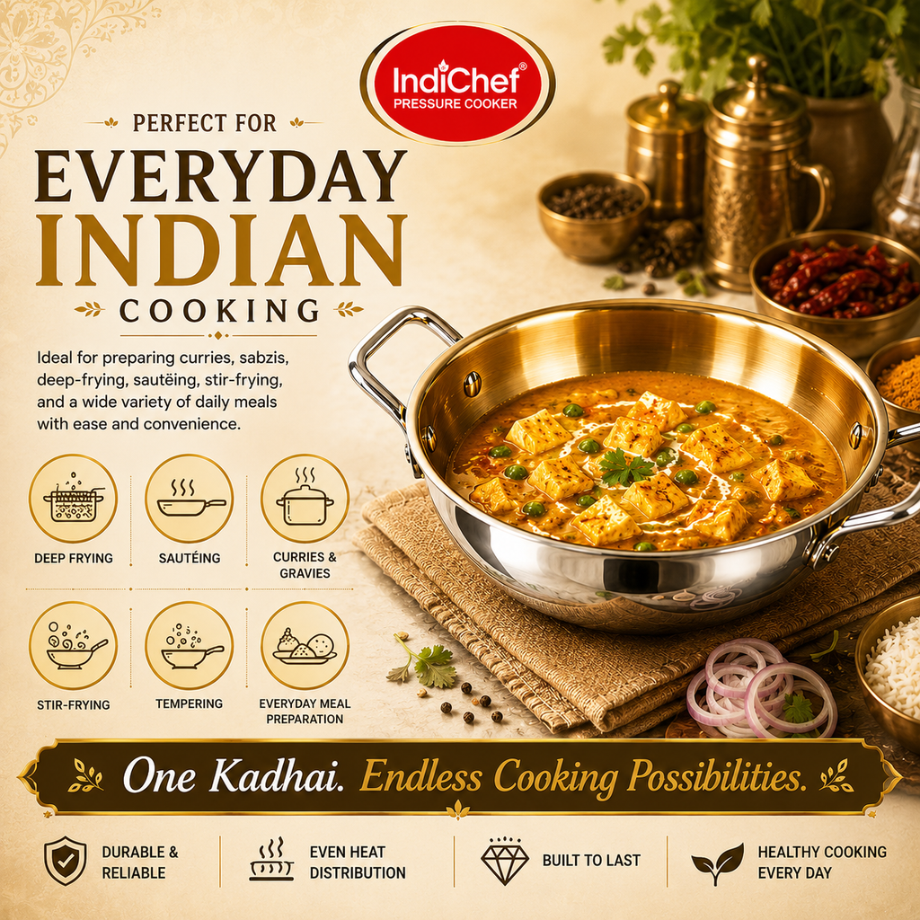 IndiChef Brass Triply Kadahi in heavy weight with Lid | Gas Stove & Induction Friendly | Insulated Heat-Resistant Handle | Pure Pital/Brass Tea Pan with Triply body | Chemical-Free