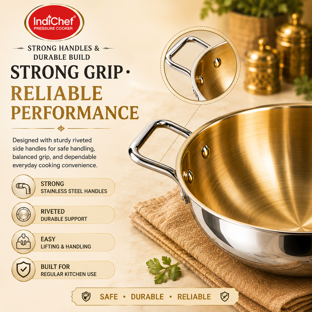 IndiChef Brass Triply Kadahi in heavy weight with Lid | Gas Stove & Induction Friendly | Insulated Heat-Resistant Handle | Pure Pital/Brass Tea Pan with Triply body | Chemical-Free
