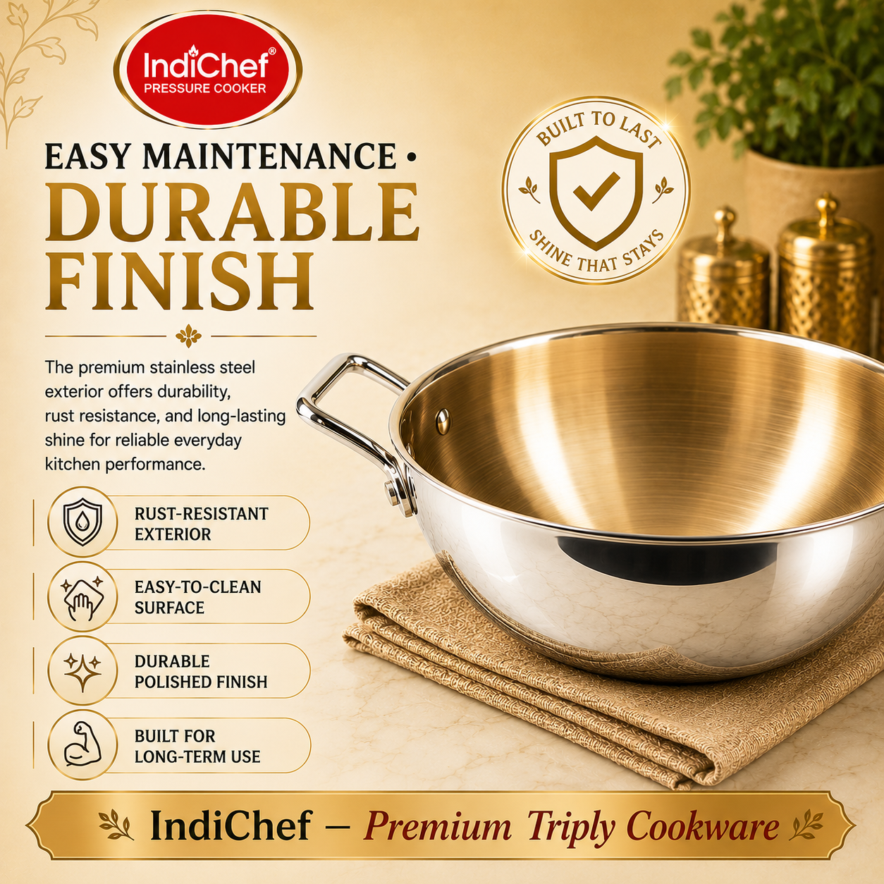 IndiChef Brass Triply Kadahi in heavy weight with Lid | Gas Stove & Induction Friendly | Insulated Heat-Resistant Handle | Pure Pital/Brass Tea Pan with Triply body | Chemical-Free