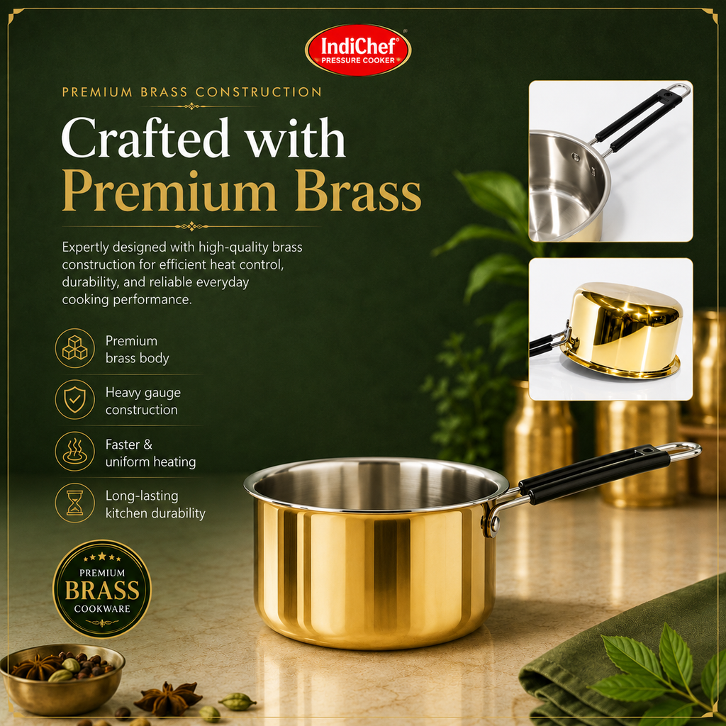 IndiChef Brass Saucepan Tea pan Milk pan in heavy weight | Gas Stove & Induction Friendly | Insulated Heat-Resistant Handle | Pure Pital/Brass Tea Pan  | Chemical-Free