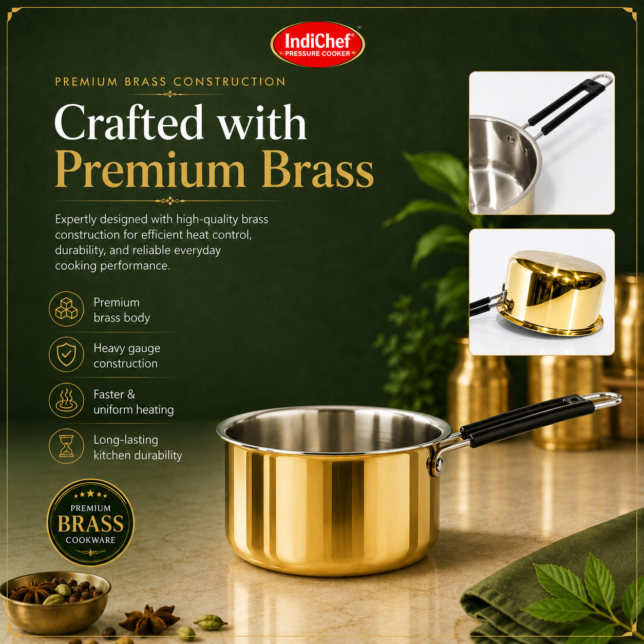IndiChef Brass Saucepan Tea pan Milk pan in heavy weight | Gas Stove & Induction Friendly | Insulated Heat-Resistant Handle | Pure Pital/Brass Tea Pan  | Chemical-Free