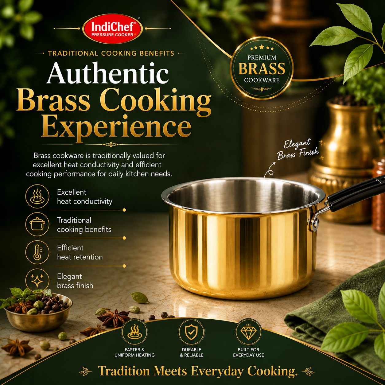 IndiChef Brass Saucepan Tea pan Milk pan in heavy weight | Gas Stove & Induction Friendly | Insulated Heat-Resistant Handle | Pure Pital/Brass Tea Pan  | Chemical-Free