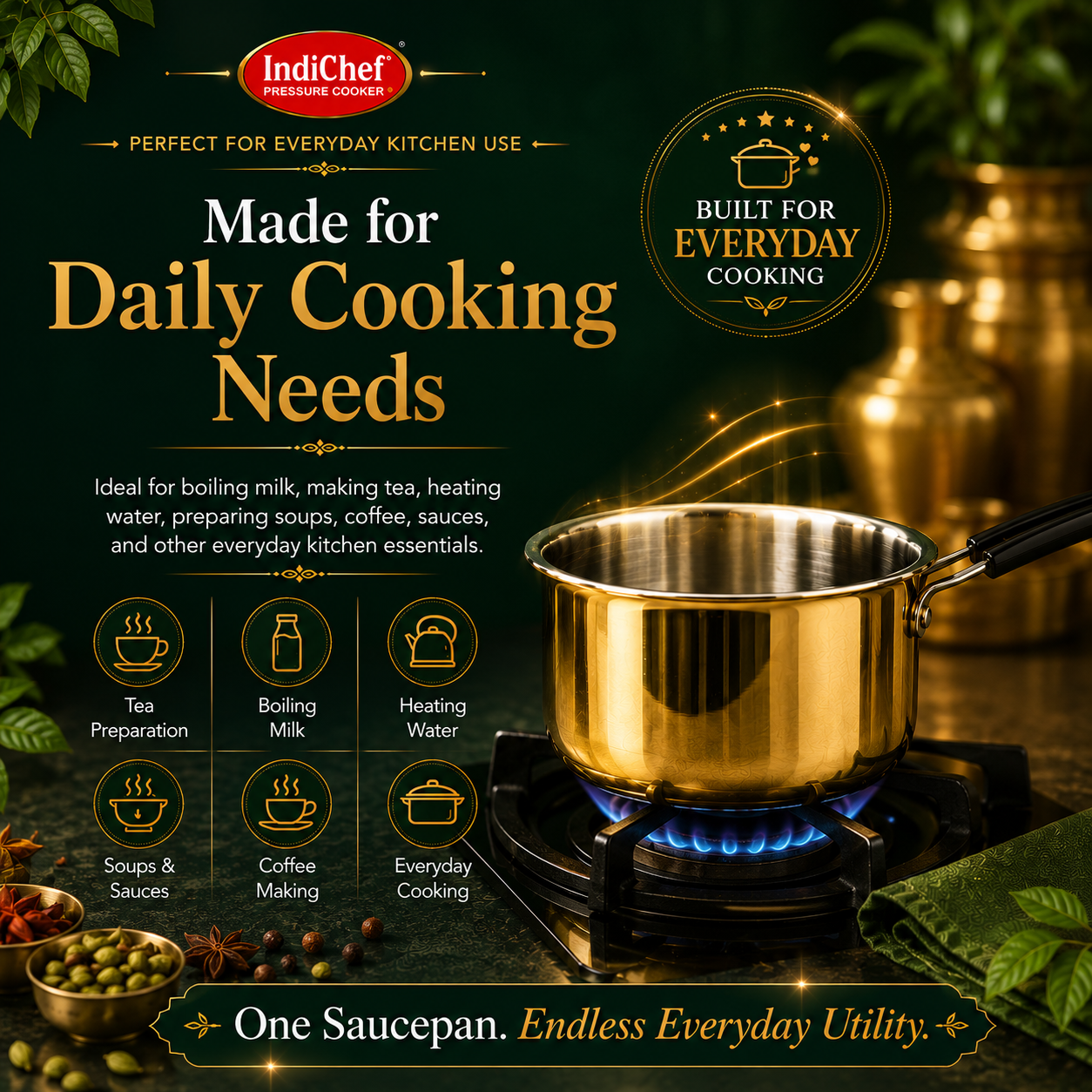 IndiChef Brass Saucepan Tea pan Milk pan in heavy weight | Gas Stove & Induction Friendly | Insulated Heat-Resistant Handle | Pure Pital/Brass Tea Pan  | Chemical-Free