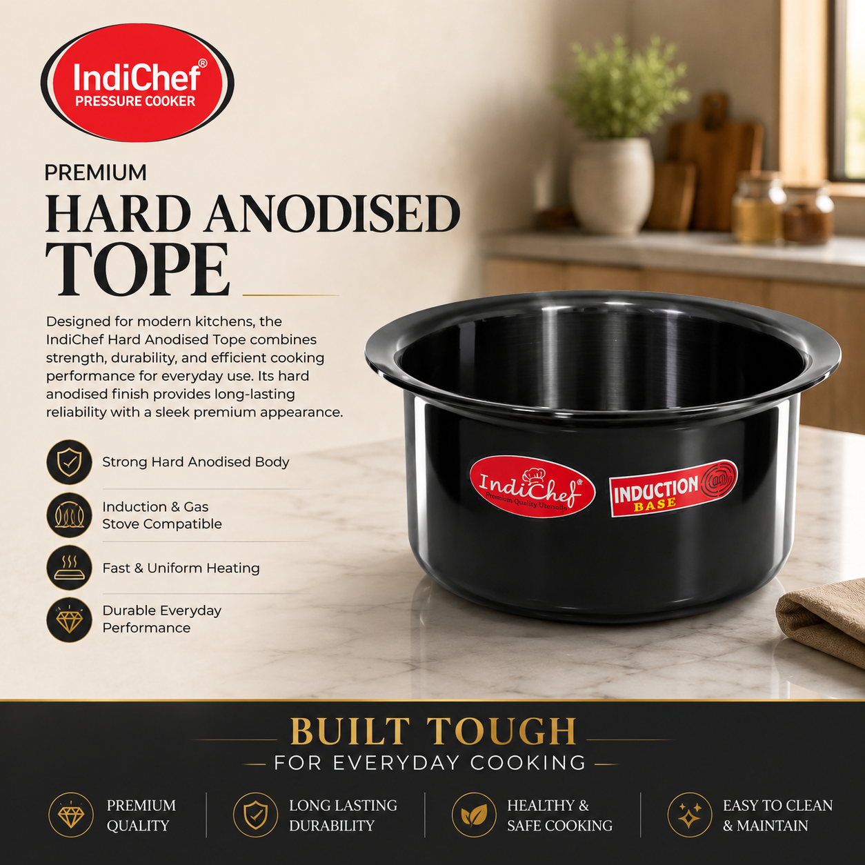 IndiChef Hard Anodised Top | Gas Stove & Induction Friendly |Metal Spoon Safe, Riveted Handle, Healthy Cooking, less Oil Use, Easy to Clean