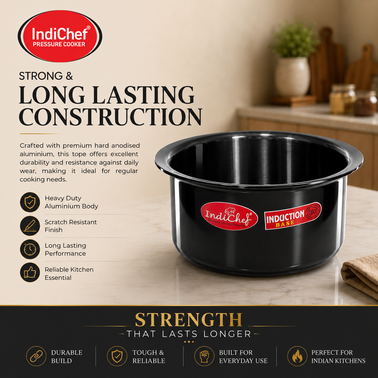 IndiChef Hard Anodised Top | Gas Stove & Induction Friendly |Metal Spoon Safe, Riveted Handle, Healthy Cooking, less Oil Use, Easy to Clean