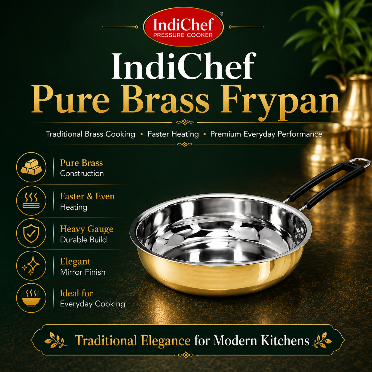 IndiChef Brass Frypan in heavy weight | Gas Stove & Induction Friendly | Insulated Heat-Resistant Handle | Pure Pital/Brass Tea Pan | Chemical-Free