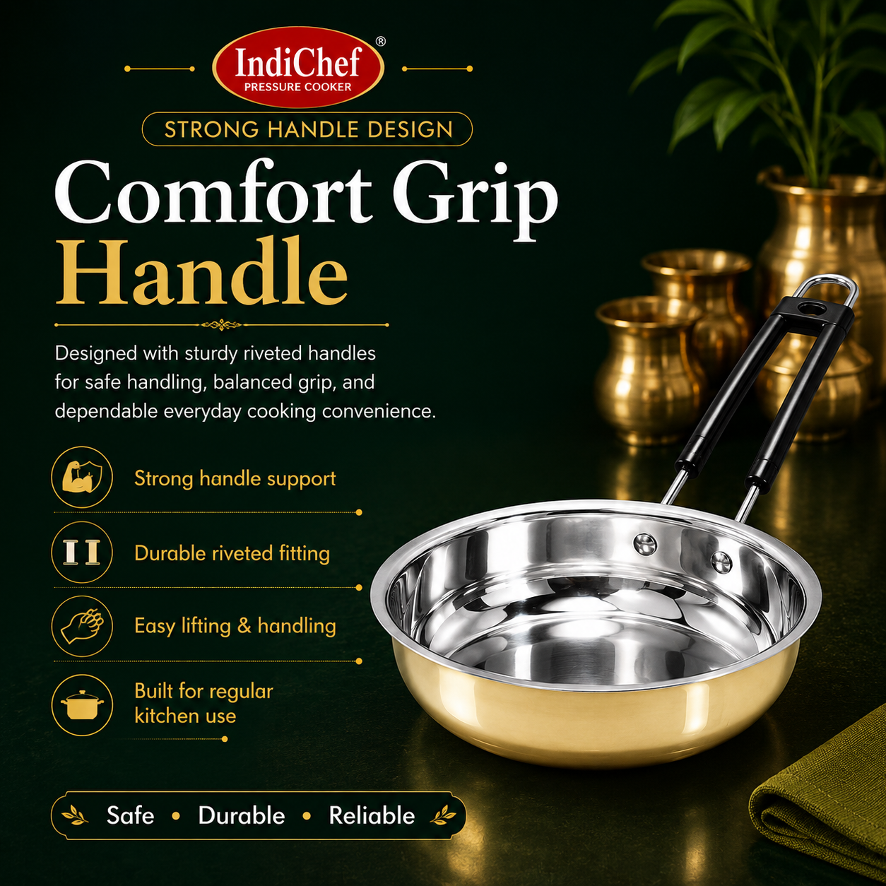 IndiChef Brass Frypan in heavy weight | Gas Stove & Induction Friendly | Insulated Heat-Resistant Handle | Pure Pital/Brass Tea Pan | Chemical-Free