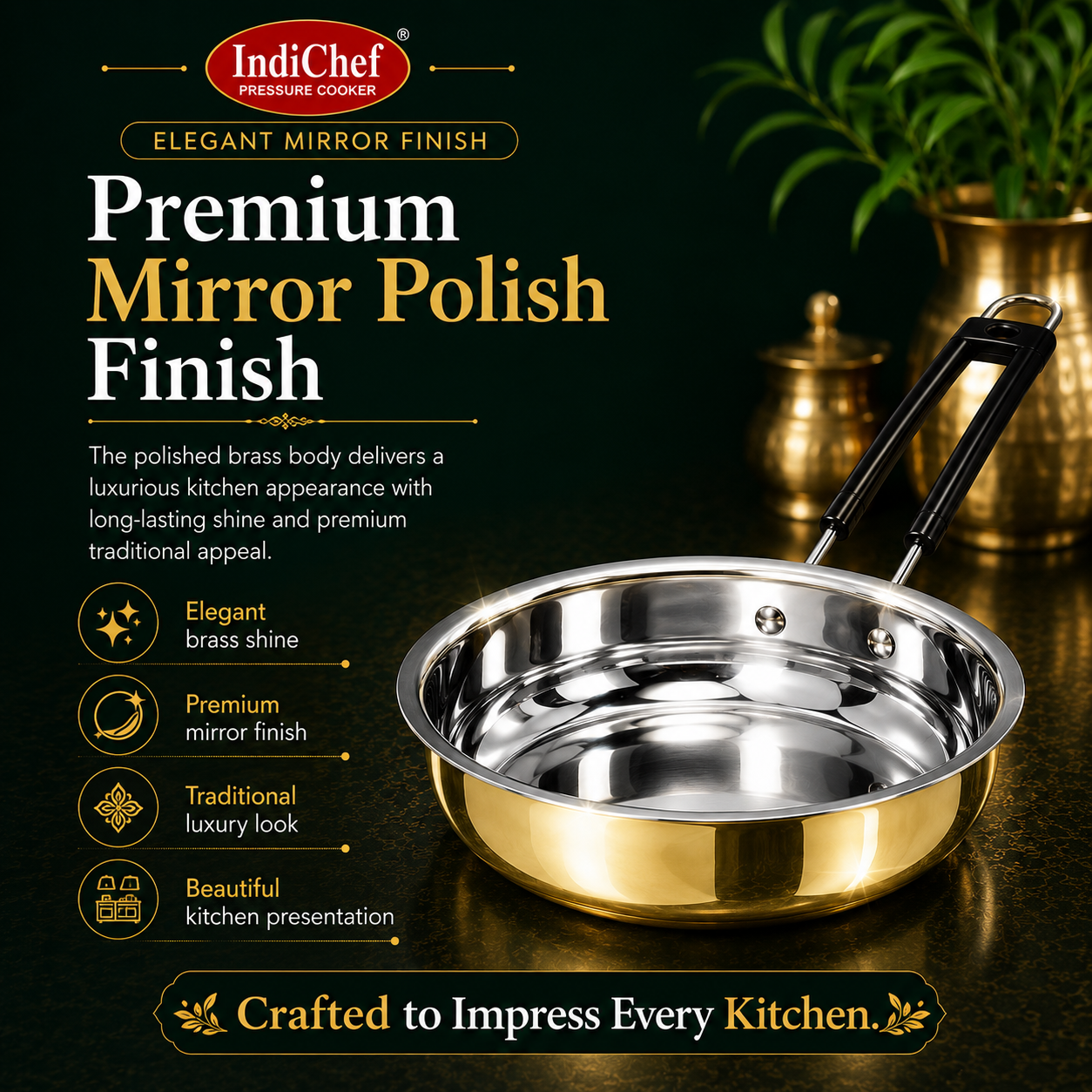 IndiChef Brass Frypan in heavy weight | Gas Stove & Induction Friendly | Insulated Heat-Resistant Handle | Pure Pital/Brass Tea Pan | Chemical-Free